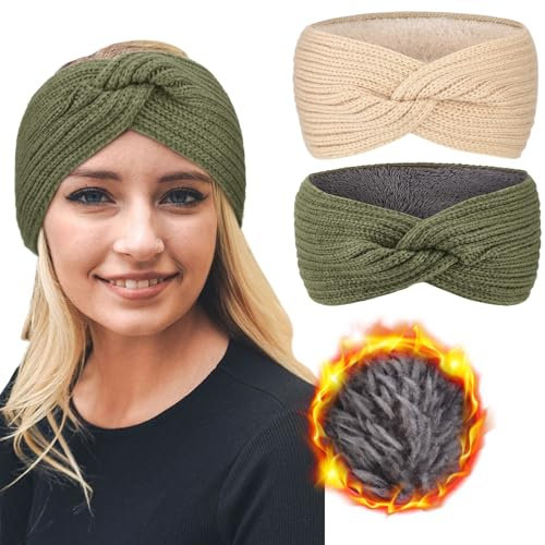 DRESHOW Damen Warm Gestricktes Stirnband Winter Ohrenwärmer Gehäkelte Kopfwickel Dickes Fleecefutter Haarbänder