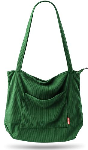 Captain Blues Cord Tasche Damen Umhängetasche mit Reißverschluss, Shopper Tasche Schultertasche Damen Groß Tote Bag für Arbeit, BüRo, Reisen, Einkaufen, Schule, Uni und Alltag (Grün)