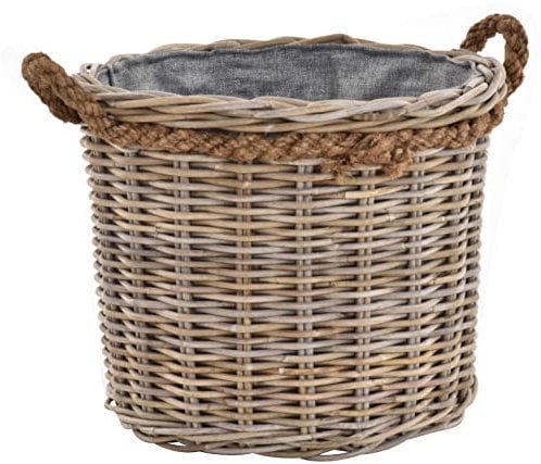Großer Pflanzkorb Holzkorb rund Grau Natur Rattan mit Seilrand/Übertopf aus Rattan (Mittel mit Inlett)