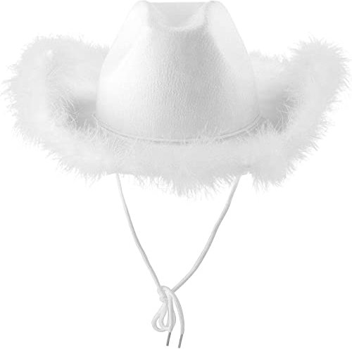 Hut mit Feder, Karneval Kostüm Cowboyhut für Frauen Mädchen, flauschiger Federrand, Erwachsenengröße, Cowboyhut mit Federn für Kostümparty, Spiel-Anzieh-Outfits für Frauen Party Rollenkostüm Geschenk