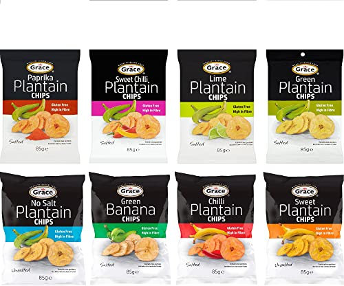8 x 85g Assorted Plantain Banana Gluten Free Chips (1 each of Paprika, No Salt, Green Banana, Green Plantain, Sweet Chilli, Lime, Chilli, Sweet)