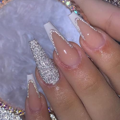 Vebonny long cercueil blanc français pointu faux ongles set argent paillettes ensemble complet ongles pressés acrylique brillant ongles dégradés pour la plage et la fête vebonny FN-lt098