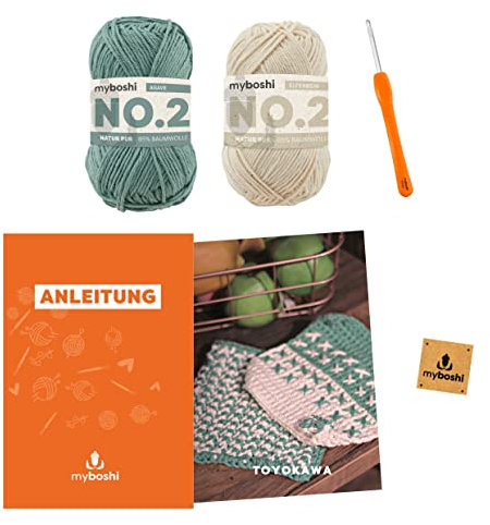myboshi Häkelset Topflappen Toyokawa, inkl. No.2 Wolle, Nadel und Anleitung, Häkelpaket, 85% Baumwolle, 15% Kapok Grün, Beige mit Häkelnadel