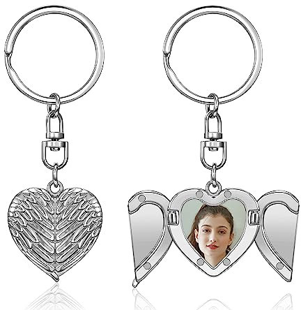 Jovivi Portachiavi Personalizzato Foto e Immagine per Donna Uomo, Retrò Portachiavi Portafoto Medaglione Cuore con Ala Angelo, Porta Chiavi Ciondolo Locket Commemorativo per Lui Lei Famiglia - Cuore