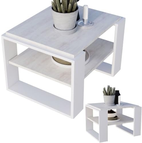 CraftPAK Wohnzimmer Tisch für Couch aus hochwertigem Holzwerkstoff, Stabiler & moderner Couchtisch mit zusätzlicher Ablagefläche, Model Kaja 63, Farbe Kiefer-Weiß