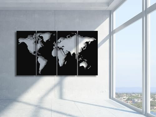 VAILLA ® Weltkarte Bilder, Karte Wand deko, Große 4er-Set Wanddekoration aus Holz,Wandbilder Home Wall Art Dekoration, Moderne Deko,3d Bilder für Schlafzimmer, Wohnzimmer, Büro (Weltkarte 3)
