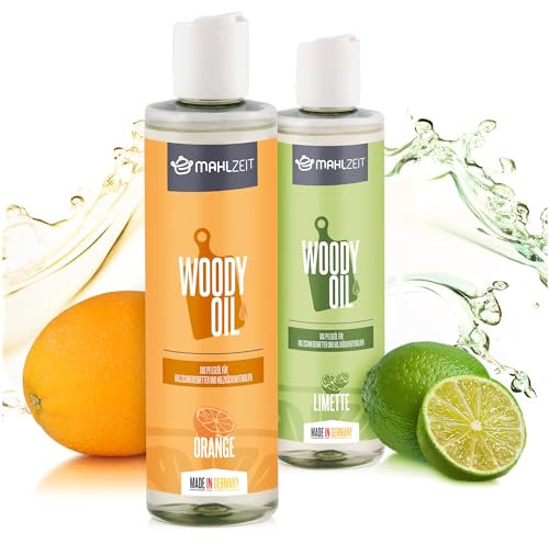 Mahlzeit WOODY OIL Holzpflege Set, Öl für Schneidebretter und Holzküchenutensilien | 2x 250 ml, Limettenduft + Orangenduft | 100% natürlich | Holzöl für Holzschneidebretter Arbeitsplatten Küche