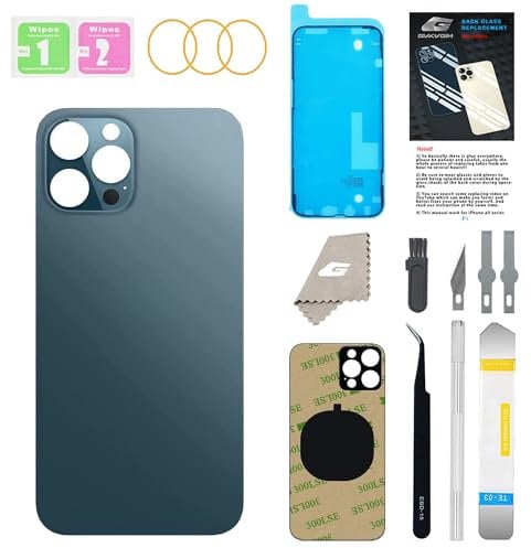 GUPFIX Back Glass Replacement for iPhone 12 Pro with Repir Tools, Big Hole Rear Back Cover Glass Replacement All Carriers with Pre-Installed Adhesive and Repairing Tool Kits (Pacific Blue)