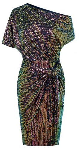 GRACE KARIN Damen EIN-Schulter Pailletten Kleid Glitzer Party Club Cocktailkleid Gerüschtes Bodycon Kleid S Schwarz Bunt CL2463A23-15