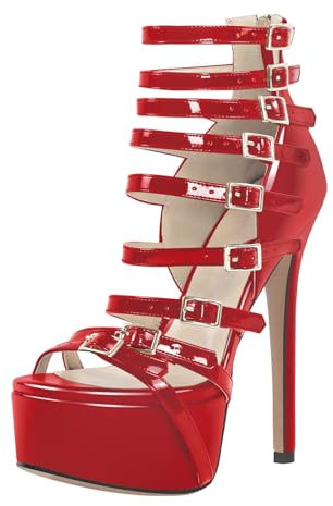 blingqueen Damen Riemchensandalen Plateau Stiletto High Heels Sandaletten Lack Rot 42 EU