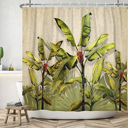 ASDCXZ Blätter Duschvorhang 180x200 cm, Vintage Tropical Grün Bananenblätter Palmblätter Bad Waschbar Duschvorhänge Polyester Textil Wasserdicht Badevorhang für Badewanne mit 12 Haken