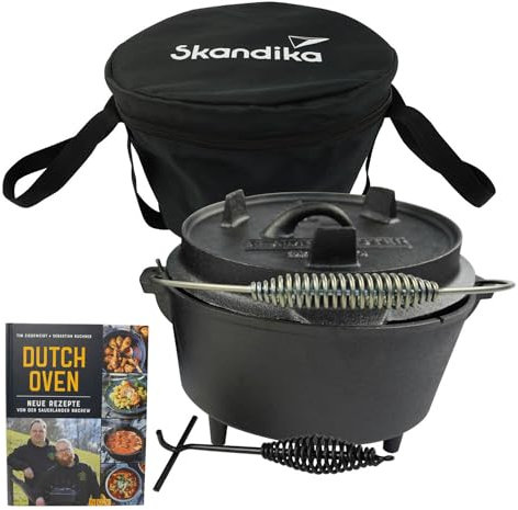 Skandika Dutch Oven Flame Master 8,5 L | Olla de hierro fundido para cocinar, ya quemada, con patas, elevador de tapa, bolsa de transporte | olla de fuego para barbacoas, camping