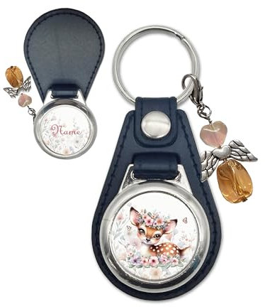 Reh Personalisierter Schlüsselanhänger aus Kunstleder mit Schutzengel | Wunschtext wie Name mit Schriftartwahl | Einschulungsgeschenk | Glücksbringer | Anhänger (Reh)