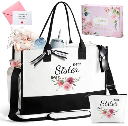 TRSODD Muttertagsgeschenke für Schwester, personalisierte Geschenke für Schwester, Can-Vas, Strandtasche, Geburtstagsgeschenk, beste Schwester aller Zeiten, Tragetasche für Frauen, mit Make-up-Tasche,