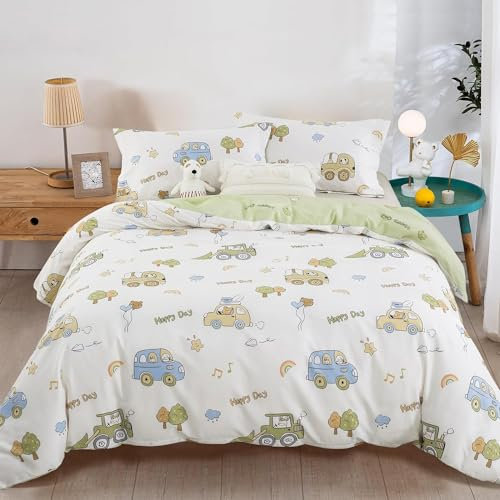 Lanqinglv Kinder Bettwäsche 200x220 Jungen Auto Grün Weiß Kinderbettwäsche aus Microfaser,Wendebettwäsche Set - Bettbezug mit Reißverschluss und 2 Kissenbezug 80x80 cm