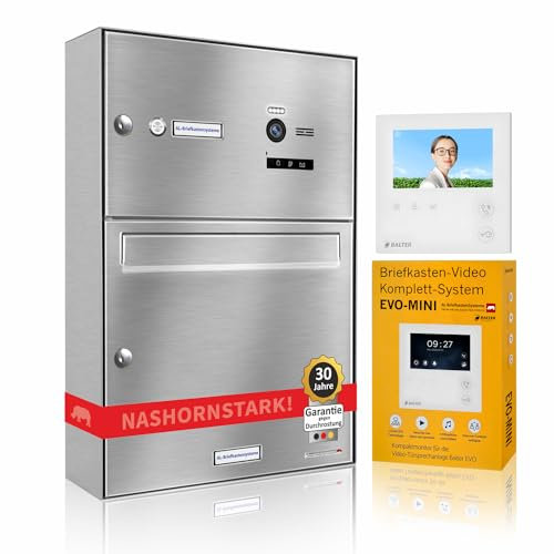 AL Briefkastensysteme Edelstahl Briefkasten mit Videosprechanlage 1 Familienhaus Komplettsystem Balter EVO MINI - Briefkasten Edelstahl V2A Aufputz Wandmontage inkl. Klingel mit Kamera und Monitor