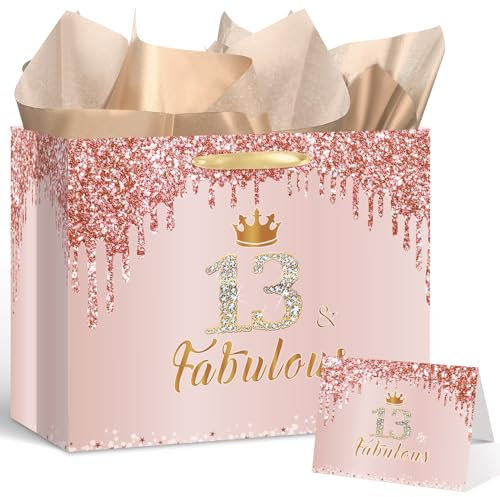 Yoirrat Geschenktüte zum 13. Geburtstag für Mädchen, groß, rosa, mit Geschenkpapier und Karte für offizielle Teenager, 13. Geburtstag, Dekoration, Partyzubehör