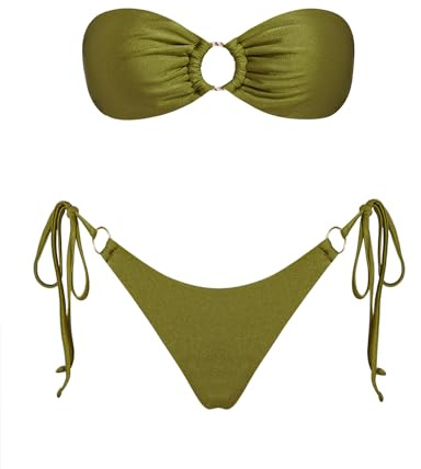 VOLAFA Damen Triangel-Bikini-Set, Bandeau-O-Ring, trägerlos, seitlich gebunden, Tanga, Badeanzug, zweiteiliger Badeanzug, Army Green, 4