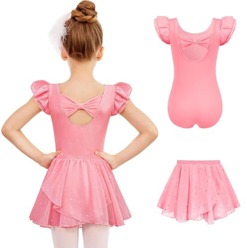 Arshiner Balette Kleidung Mädchen Zweiteilig Tanzkleid Rückenlose Schleife Ballett Trikot Baumwolle Ballettkleid Kinder Ballerina Kleid Rosa Ballettanzug mit Tütü 3-4 Jahre