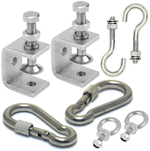 LEAUM 8 Teiliges Set Edelstahl C Klemme Klemmbereich ist 0-25mm, Einstellbar C-Zwingen Kieferöffnungen 30mm Trägerklemme mit Schraubkarabiner, Edelstahl Haken und Ringschrauben