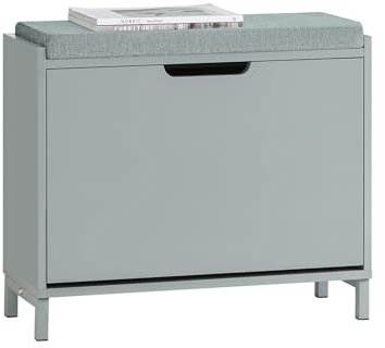 SoBuy Schuhschrank Schuhbank mit Sitzfläche, Schuhregal mit Stauraum, Klappe, Sitzkissen, bis 113 kg belastbar, für Flur, Wohnzimmer, Hellgrau BHT ca. 60x52x24cm FSR151-K-HG