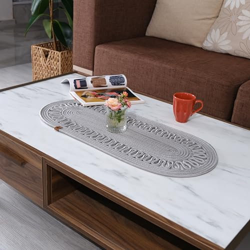 Home Turko Moderner rustikaler Tischläufer aus geflochtener Jute, oval, 30 x 90 cm, Grau