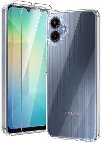 SMYTU Funda para Samsung Galaxy A06 4G 6,7 Pulgadas con Cristal Templado,Carcasa Borde de Color TPU Bumper e Transparente PC Duro Case Cover - Clear