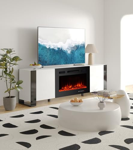 M.C.Haus Modern TV stand, suitable for TVs up to 75 inches and 75 inches, 12 colours, electric fireplace 900 W/1800 W, 2 cabinets, white