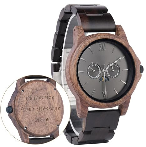 LMWOOD Personalisierte Holzuhr für Männer, gravierte Uhr, Walnuss-Uhr, verstellbares Holzband, Weihnachtsuhr für Ehemann und Vater, Mondphase