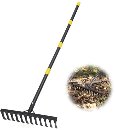 RAK Rastrillo de jardín de 189 cm, rastrillo de metal con mango, rastrillo con 12 dientes de acero para aflojar el suelo y nivelar césped, escoba de hojas, rastrillo de césped, herramienta de jardín