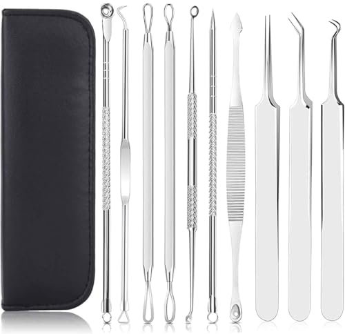 Mitesserentferner Komedonenquetscher Set, 10PCS Blackhead Remover mit Akne Pickel Pinzette Mitesser Entferner,Pickel Ausdrücken Werkzeug für Nasen-Gesichtspflege (Edelstahl)