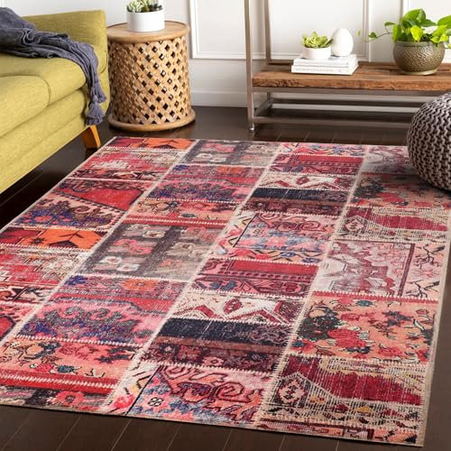 NETLINE HOME Teppich Wohnzimmer - Waschbarer - Teppich Rutsch Stop - rutschfeste Teppiche Aus Baumwolle Gewebt - Vintage Boho Teppich Für, Schlafzimmer Küche Flur Und Salon (ROT ORANGE, 160X230)