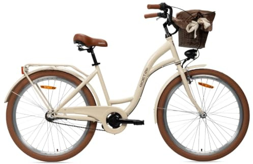 Goetze Style Damen Citybike 26/28 Zoll, Retro Fahrrad mit 3-Gang | 17/18 Zoll Tiefeinsteiger, Shimano Nexus Nabenschaltung mit Rücktritt, LED-Beleuchtung, Rattankorb, Gepäckträger & Klingel