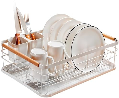 Marctani Escurreplatos de Acero Inoxidable - Escurridor de Platos de Alta Capacidad - Estante de Secado de Metal con Soporte para Cubiertos Extraible y Caño de Drenaje Giratorio 360º (Vintage Blanco)