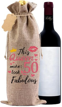 PHIOMUUE 50th Birthday Gifts for Women Wine Bag, Wine Bag with Label and Rope,50th Birthday Party Decorations Wine Gift Bag,Best Gift Bag for Wife, Mom, Sister,Coworker (50 Years Khaki)