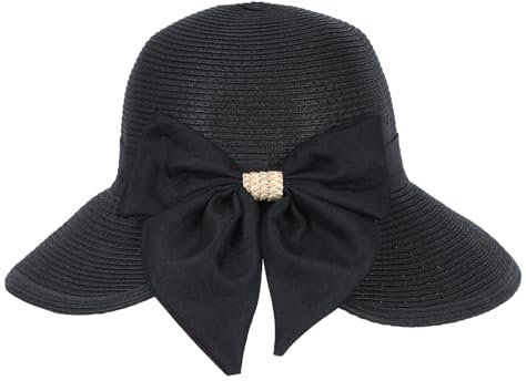 LY4U Women's Wide Brim Straw Sun Hat UPF 50+ with Adjustable Chin Strap, Foldable Beach Hat for Travel, Summer Outdoor Activities, Ponytail Hole & Bow Ribbon Design Black