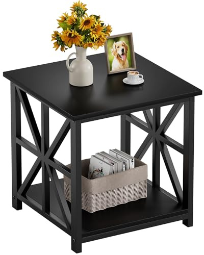 GreenForest Side Table, 50cm End Table with 2-Tier Storage Shelf, Square Small Bed Side Table for Living Room, Farmhouse Sofa Nightstand for Bedroom Office, Black