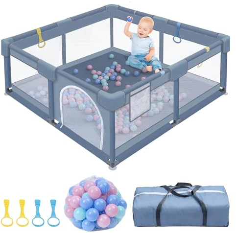 Laufstall 127x127 cm - mit 30 Bällen & 4 Kletterringen, sicherer Spielplatz für Kinder, rutschfester Boden, atmungsaktiver Stoff, verstärkter Rand, inklusive Tragetasche, grau