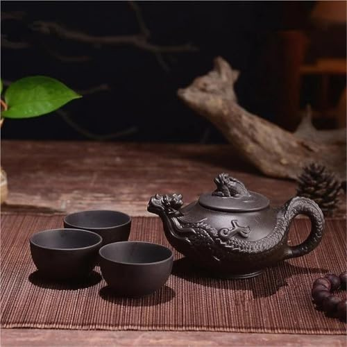 SCZMBLTLNV Teekannen Kung-Fu-Teeset, Handgefertigt, Drache, Elefant, Eichhörnchen, Teekanne Mit 3 Tassen, 150 Ml, Yixing-Teekanne Aus Lila Ton Porzellan-Teeservice Tragbares Teeservice