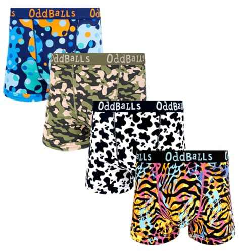 OddBalls Mens Boxers Multipack – 4 Classic Fit Cotton Boxer Shorts, Underwear with Elastic Waistband – Breathable, Soft Mens Boxer Briefs (UK, Alpha, XXL, Regular, Regular, The Fab Four)