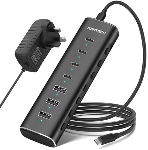 RSHTECH 36W Powered USB C Hub, 7-Port (4C+3A) USB-C 3.2 10Gbps Data Hub | Aluminum USB Extension Splitter with 12V/3A Power Adapter and 3.3Ft Detachable USB C Cable (RSH-H7C4)