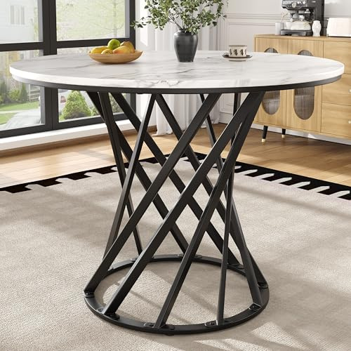 Merax Table à manger ronde 80 × 80 × 76 cm, pour 2 à 4 personnes, petite table pour salon, cuisine, salle à manger, effet marbre blanc, panneaux MDF, pieds de table noirs réglables en métal, cadre en