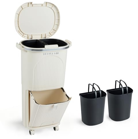 COSTWAY Cubo de Basura Cocina de 38 L (12L+12L+14L), 43x29x74,5 cm, Beige | Papelera Cocina de Reciclaje con 3 Compartimentos, Cubos Extraíbles, Pedal y Ruedas, Basurero 2 Niveles, Inferior Basculante