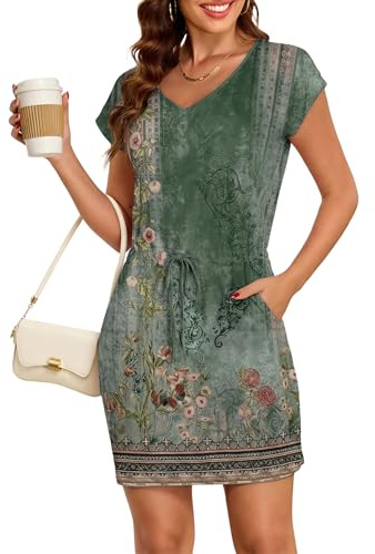 SENBATU Robe d'été pour Femme col en V Robe de Plage à Nouer à la Taille élégante Tenue Professionnelle Robe de Plage Tendance Robe d'été à Manches Courtes et Poches