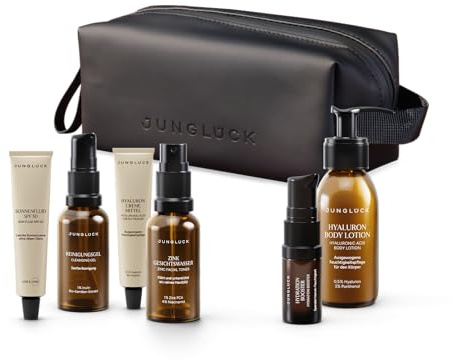 JUNGLÜCK Travel Set Essentials | Skincare Reise Set für gepflegte Haut unterwegs – Reinigungsgel, Zink Gesichtswasser, Hydration Booster, Hyaluron Creme & Sonnenfluid