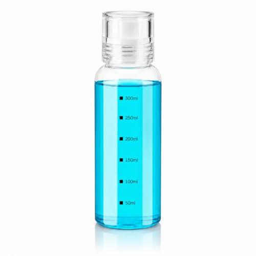 Raoletin Glass Mouthwash Bottle Dispenser with Lid Cup, 300ml Refillable Mouth Wash Dispenser Container for Oral Rinse, Small Clear Travel Bottles for Toiletries Bathroom Countertop