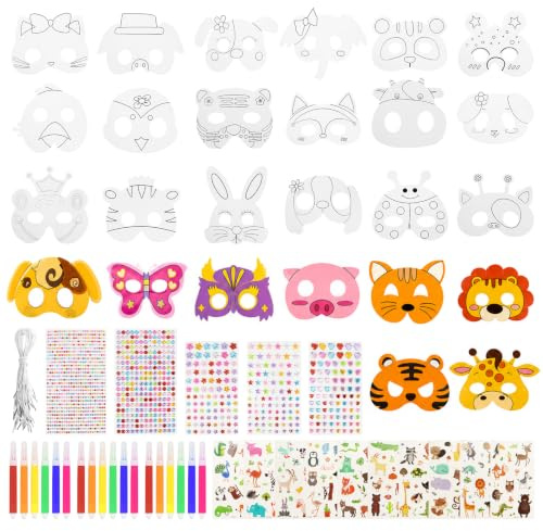 Yuaerbuo 26 Stück Masken Basteln Kinder, Tier Maske zum Ausmalen Papier Blanko Masken zum Bemalen Kinder mit 18 AquarellPinsel Tiermasken zum Bemalen für Halloween Fasching Kindergeburtstag