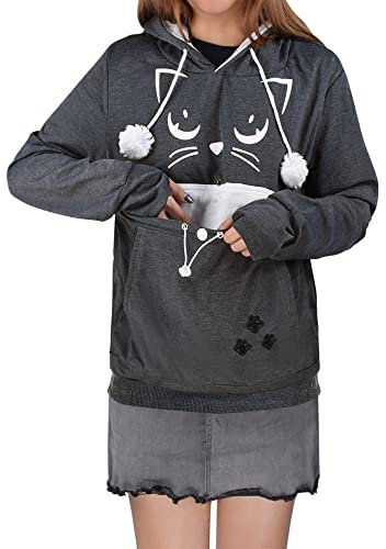 besbomig Kapuzenpullover Damen mit Katzen Großen Tasche, Pulli mit Katzentasche Katzenpullover Hoodie Damen, Super Weich Bequem Pullover mit Hundetasche Sweatshirt für Herbst Winter