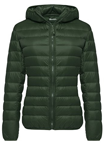 Wantdo Femme Veste en Duvet Manteau Matelassé à Capuche Léger Compressible Veste Coupe-Vent Isolée de Montagne à Capuche Mince Veste d'Extérieur Courte,Vert Foncé,L