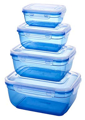 Grizzly 4er Set Frischhaltedosen (0,4L, 0,8L, 1,4L, 2,3L), rechteckig, Kunststoff, 100% luft-/wasserdicht, mikrowellengeeignete Vorratsdosen, Blau